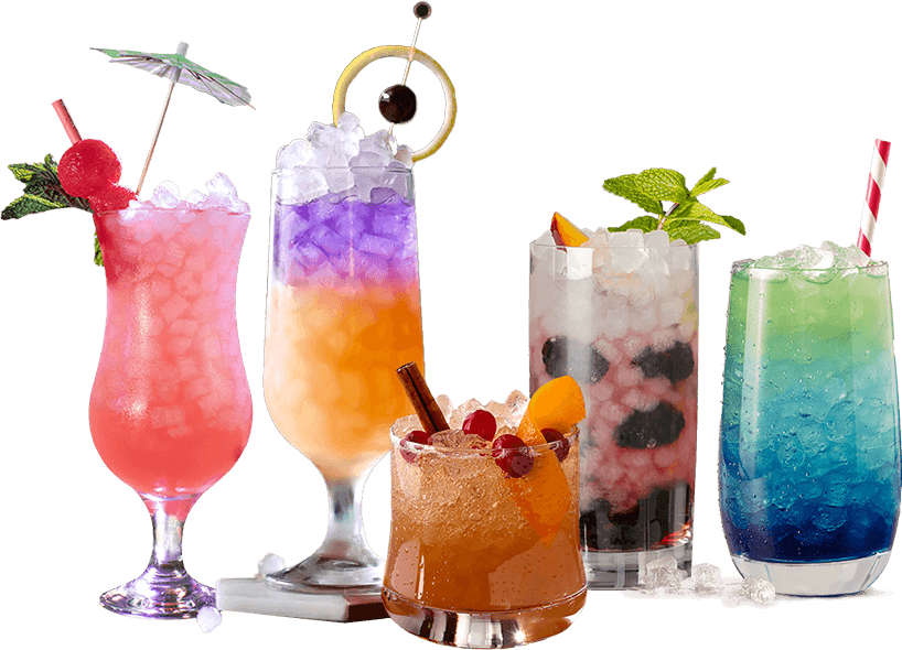 An array of delicious drinks and cocktails featuring Opal Nugget ice - the good ice.