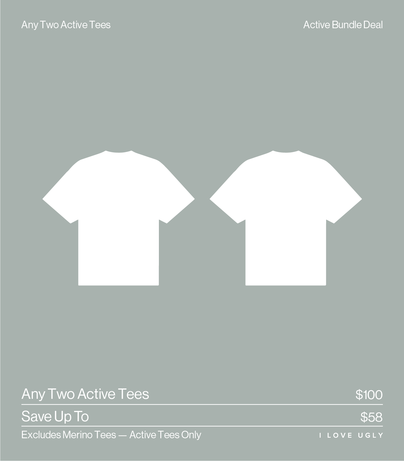 Two white T-shirts on a gray background with promotional text.