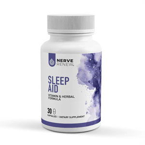Bottle of sleep aid supplement with label details.