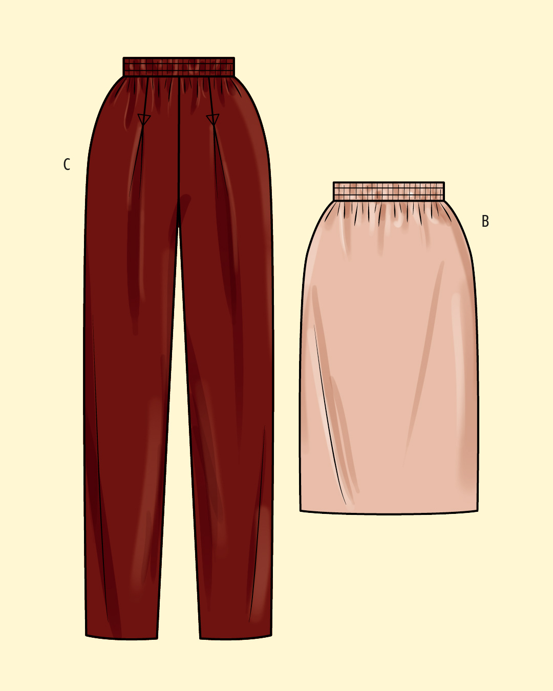 Illustration of a pair of pants and a skirt.