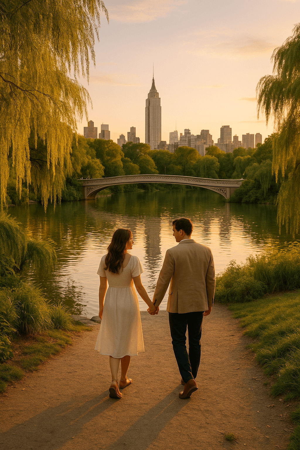 A couple holding hands while walking toward Bow Bridge in Central Park at sunset with the Empire State Building in the background.