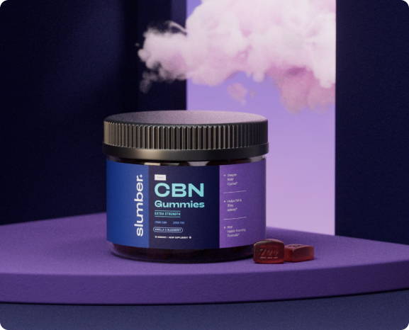 Slumber Sleep Aid CBN Gummies displayed on a purple stand adjacent to cloud-like vapor, evoking a sense of calm.