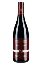 Bottle of red wine with a burgundy label and white stripe.