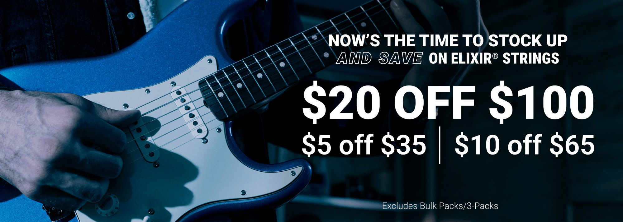Promotional image for guitar strings with discounts. $5 off $35, $10 off $65, and $20 off $100