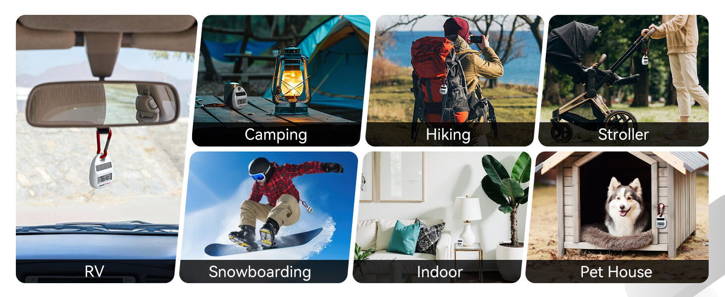 Collage of activities: camping, hiking, skiing, indoor living, and pets.