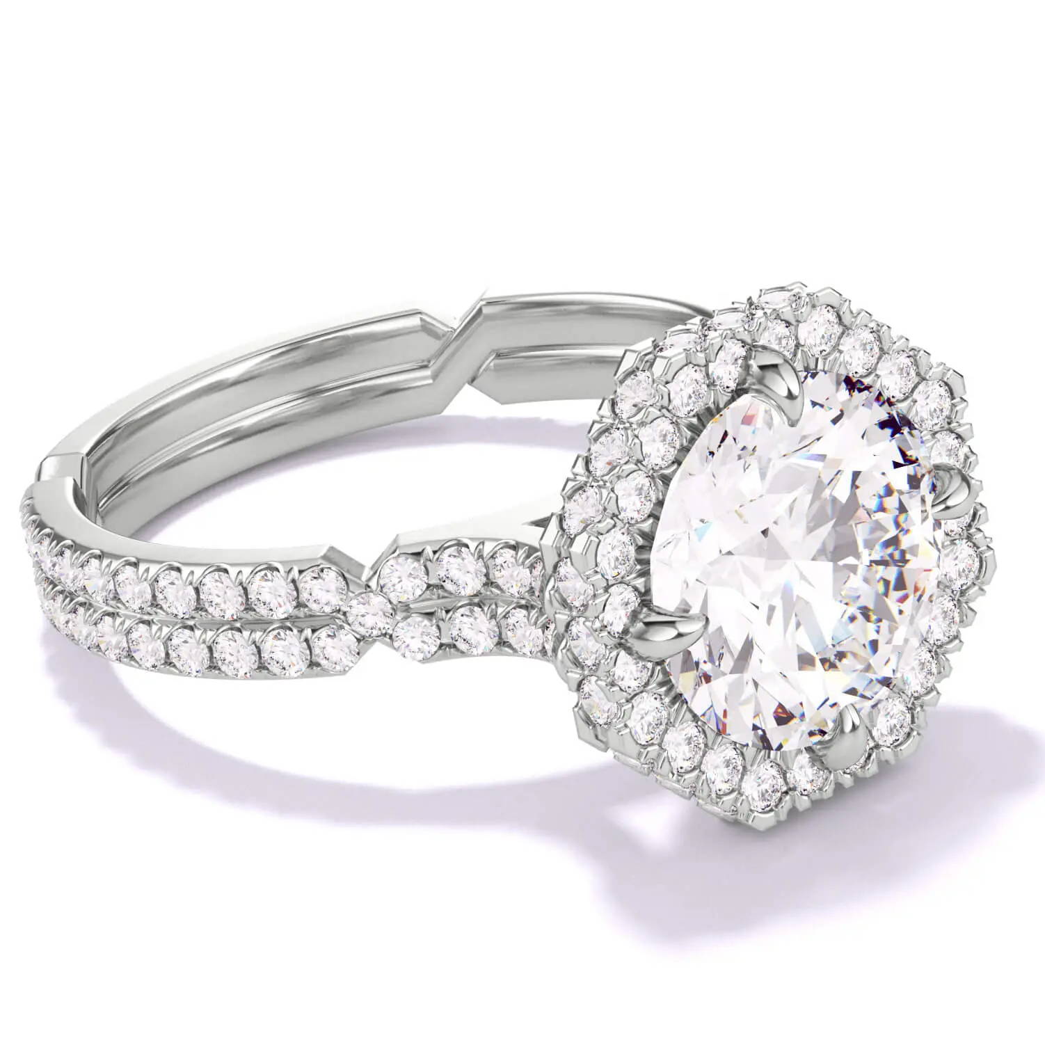 Round brilliant diamond engagement ring with an octagon halo setting