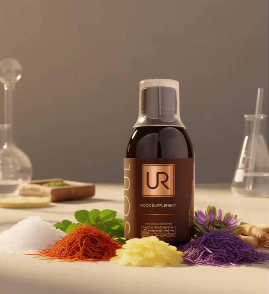 UR SOUL Bottle surrounded by spices and laboratory glassware on a table.