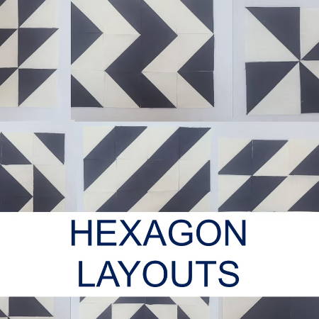 13 layouts with half-square triangles in blue and white collage