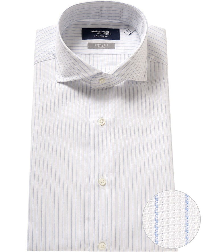 White striped dress shirt with collar and button details.