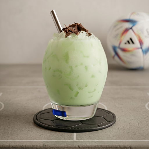 A green dessert drink with chocolate shavings in a glass and a soccer ball in the background.