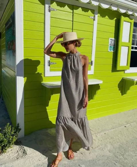 Cream crescent printed high neck tie luxurious silk maxi dress