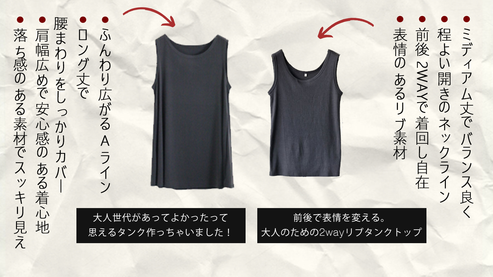 Two tank tops with descriptions in Japanese on a light background.