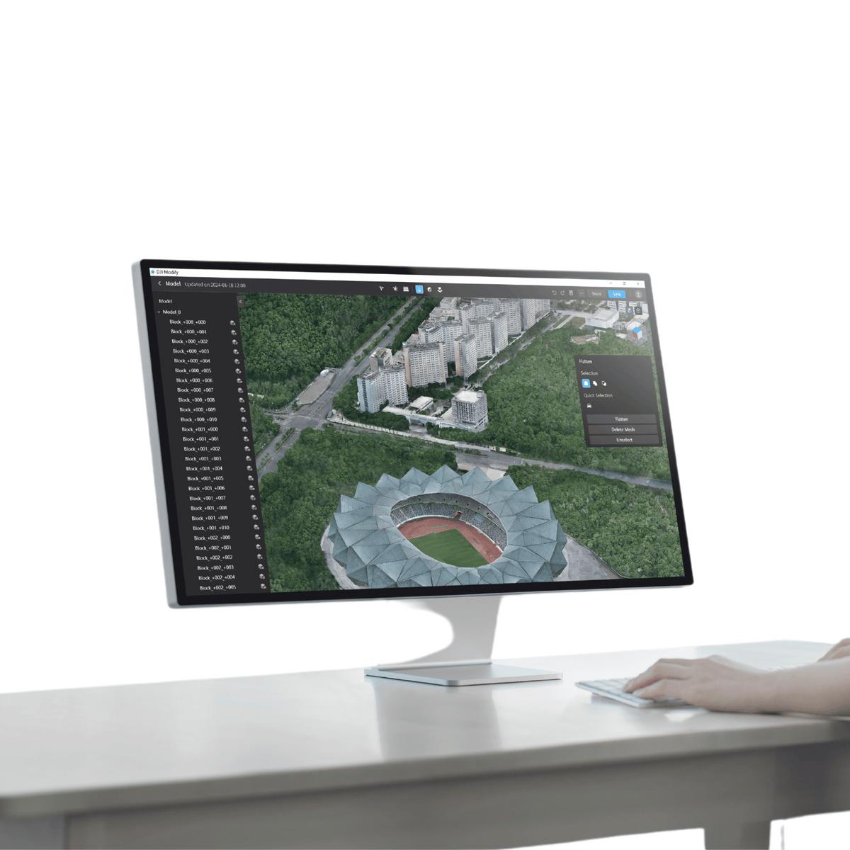 DJI Modify interface displaying a three-dimensional model for mesh editing and refinement