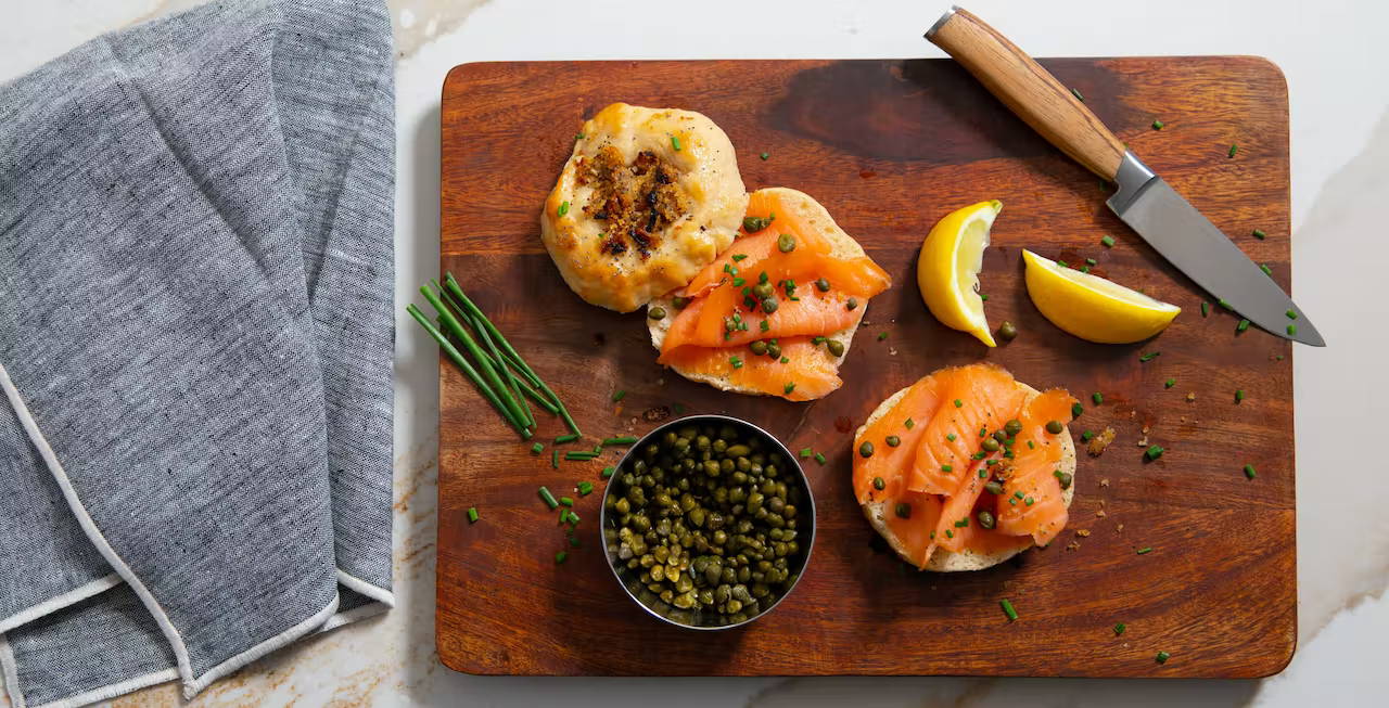 bialys with chives, gravlax, and capers