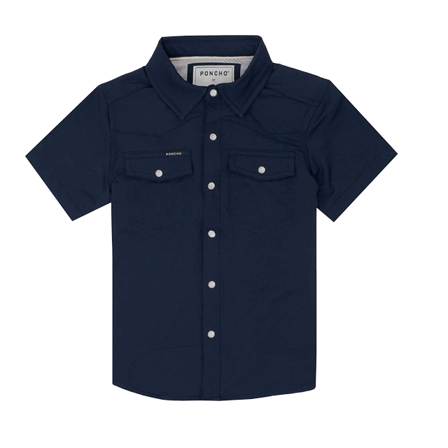 Navy blue short-sleeve button-up shirt with two chest pockets.