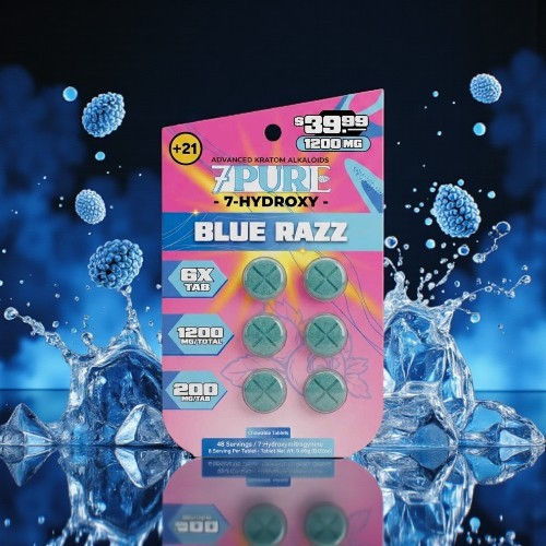 Packaging of Blue Razz flavored supplements with a vibrant background.