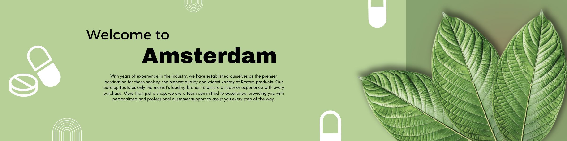 Welcome to Amsterdam with green leaves and icons.