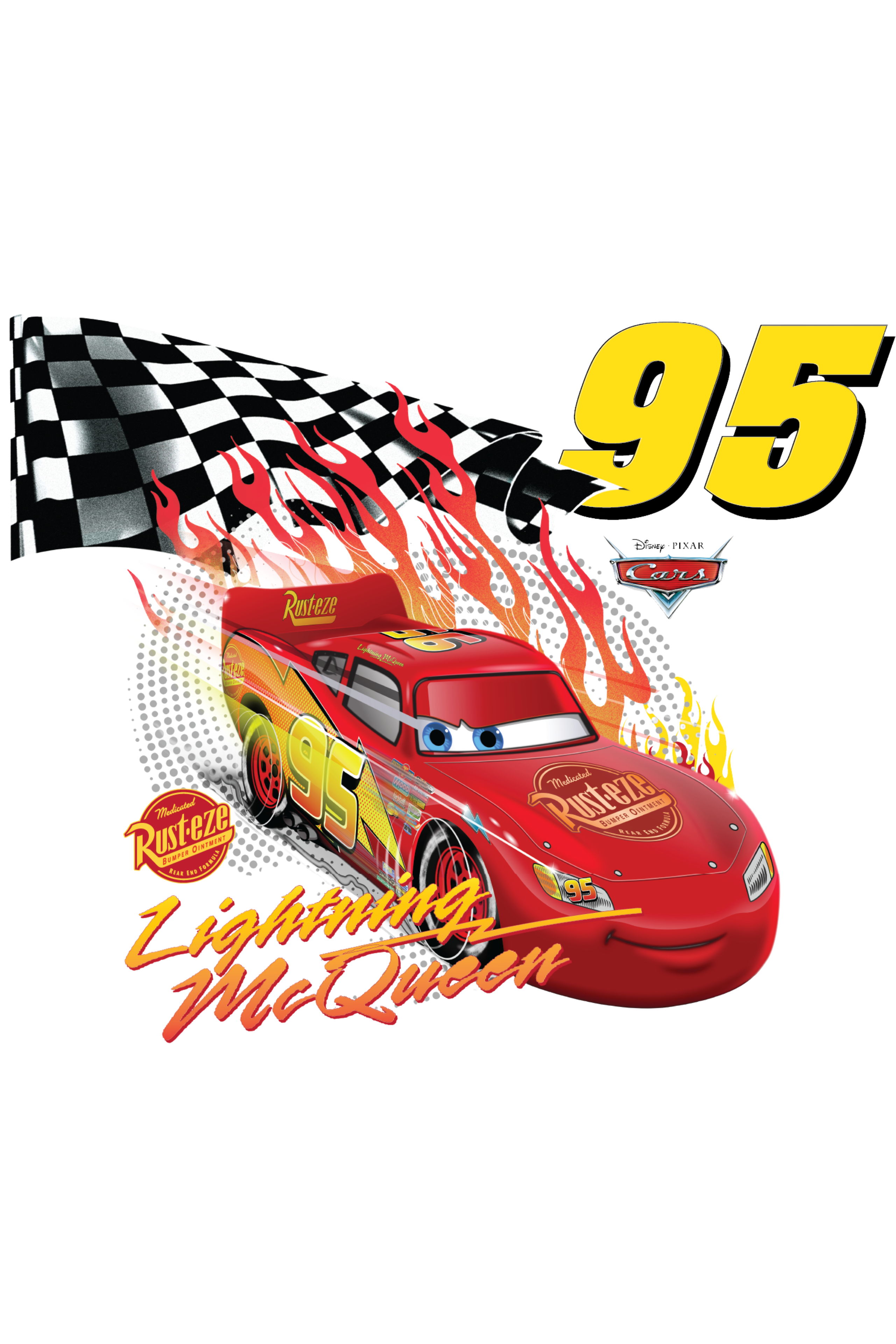 Lightning McQueen with flames, checkered flag, and the number 95.