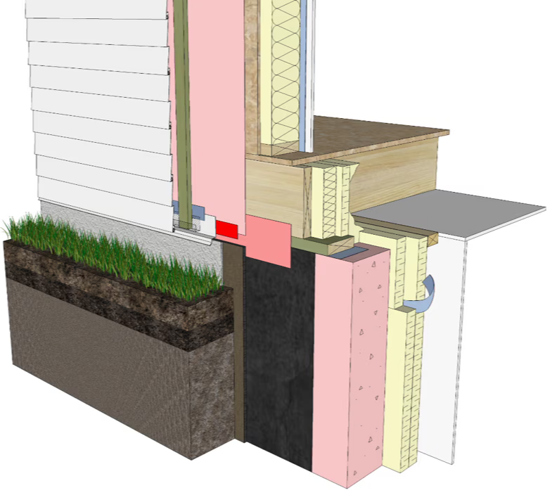 Cross-section of a building wall with insulation and landscaping elements.