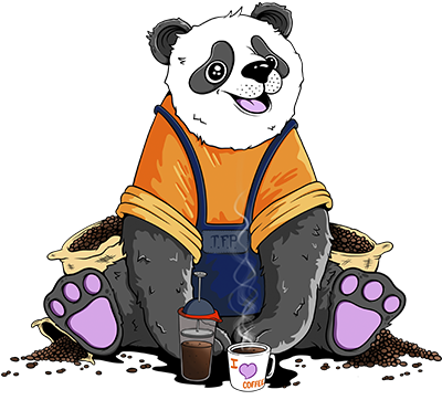 Pablo Coffee Co. illustrated panda mascot in orange tee and blue overalls with TFP badge 