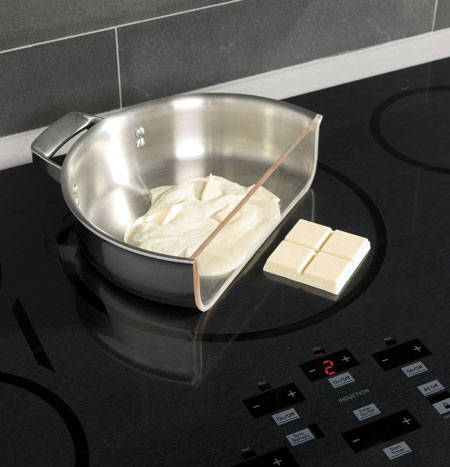 Pan on GE Profile Induction Cooktop, cut in half as cross-section to demonstrate the induction technology