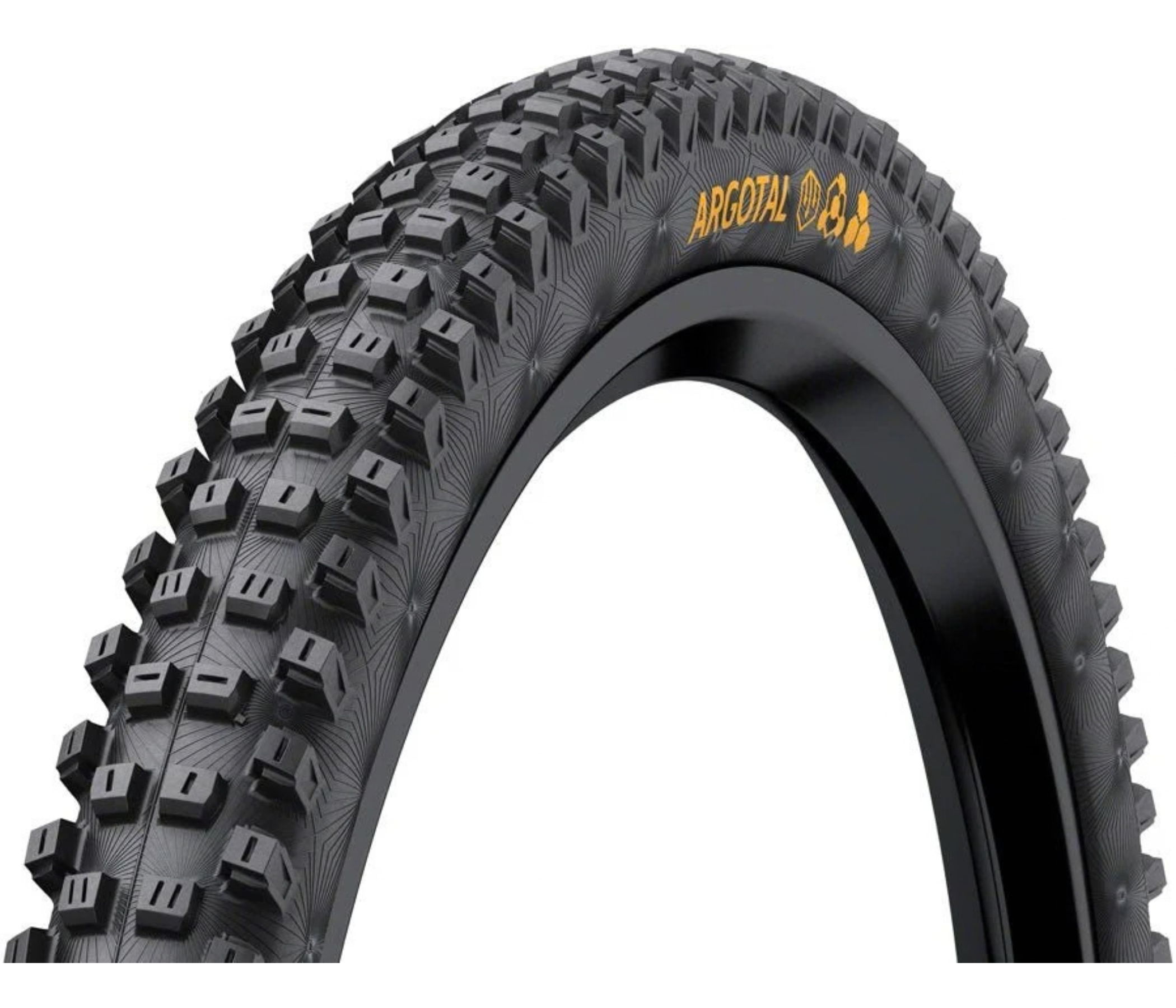 Close-up of a mountain bike tire with textured tread pattern.