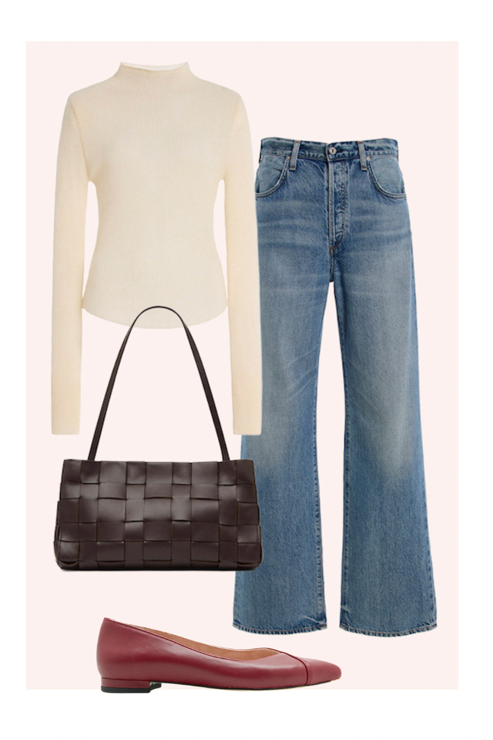 Outfit featuring a turtleneck, jeans, handbag, and flats.