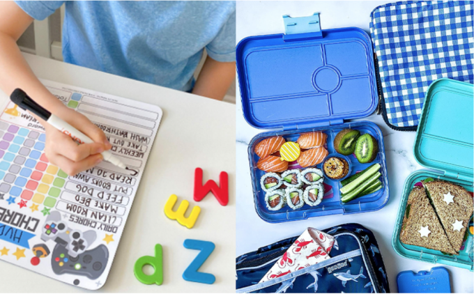 A child writing on a lunch box with a pen, surrounded by other lunch boxes.