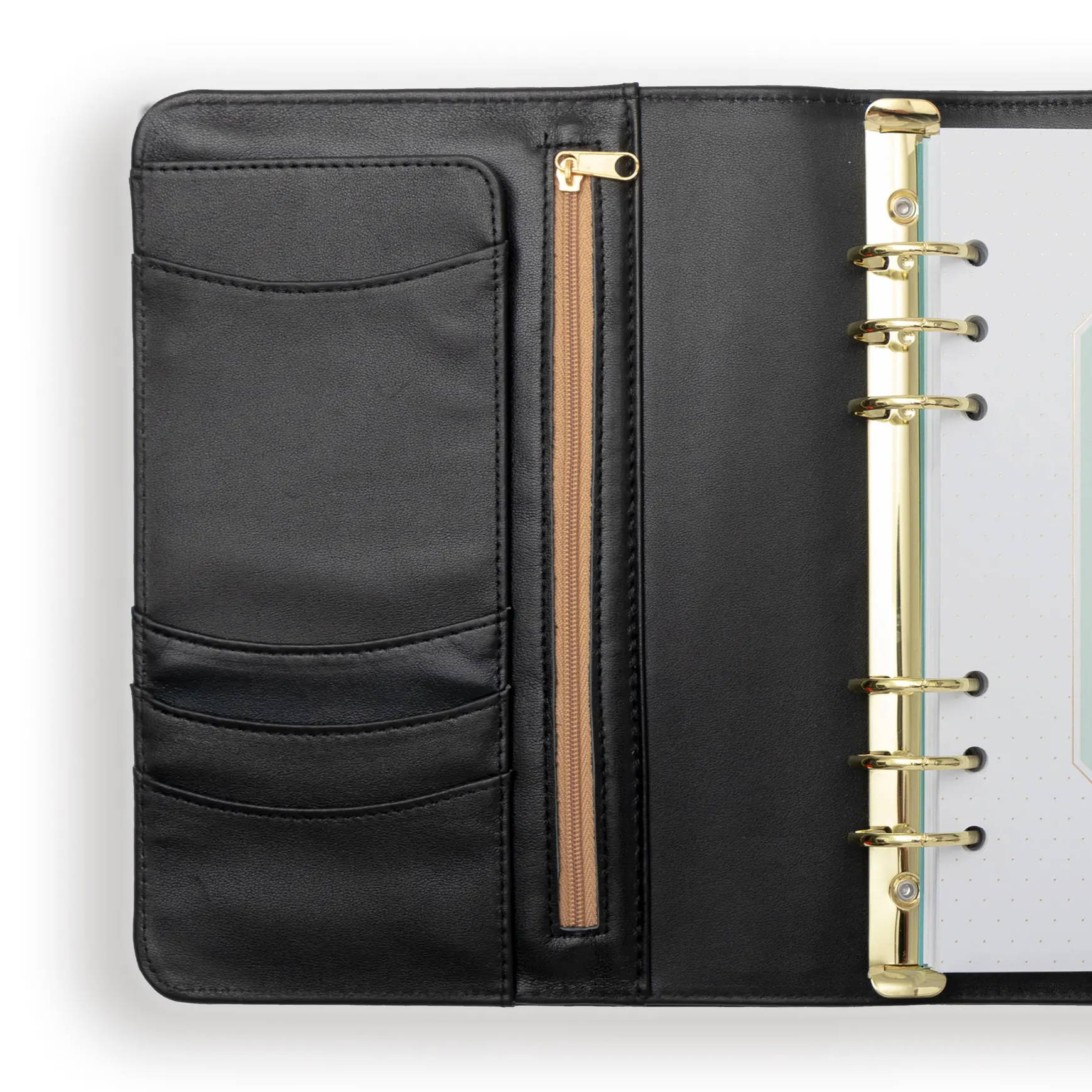 black a5 planner, open to show pockets, gold zipper pouch, binder rings with pages attached