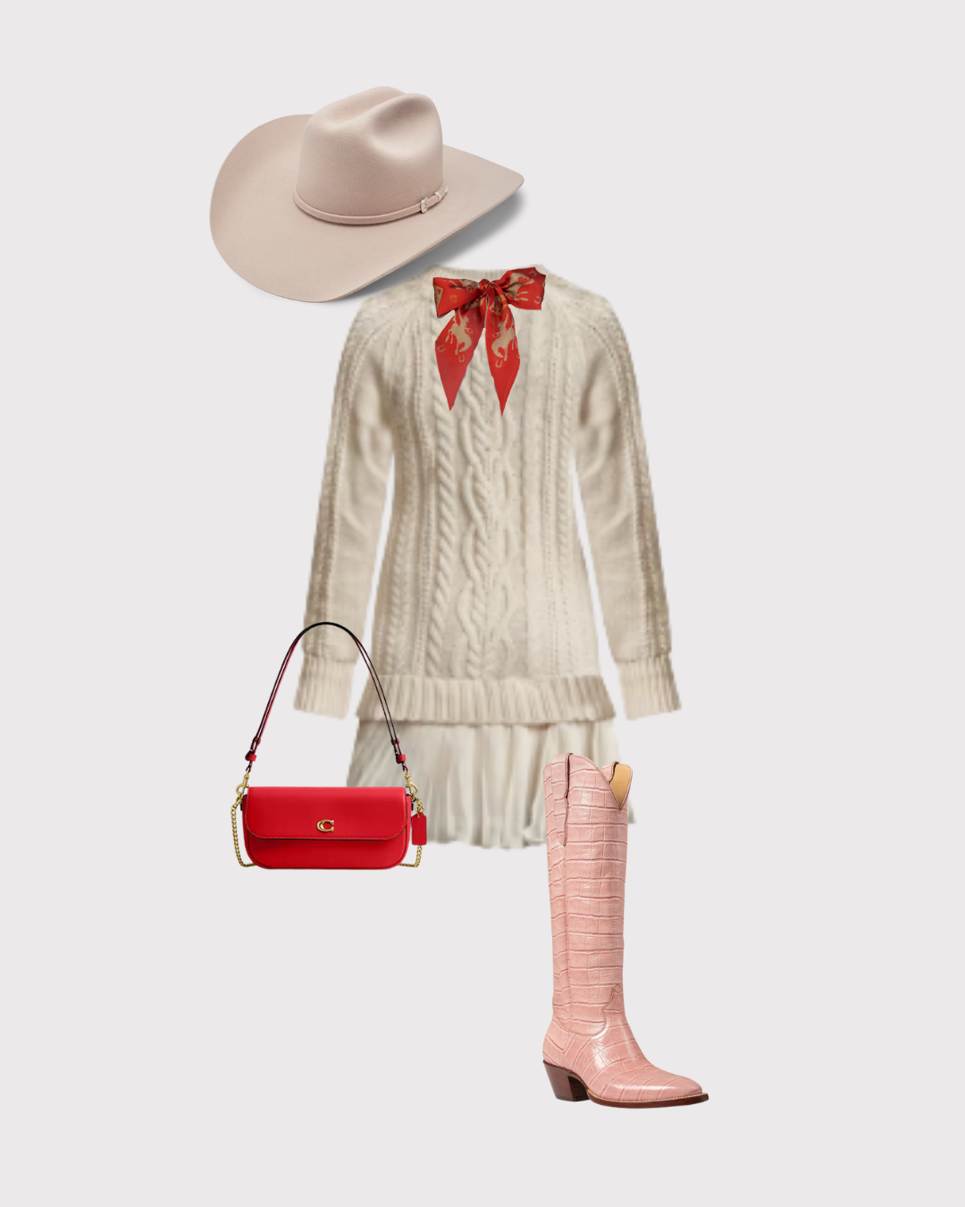Cowboy hat, sweater with bow, red handbag, pink boots arranged stylishly.