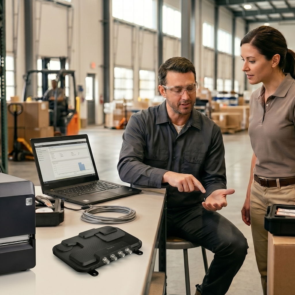 Two people discussing work at a table with a laptop and equipment.