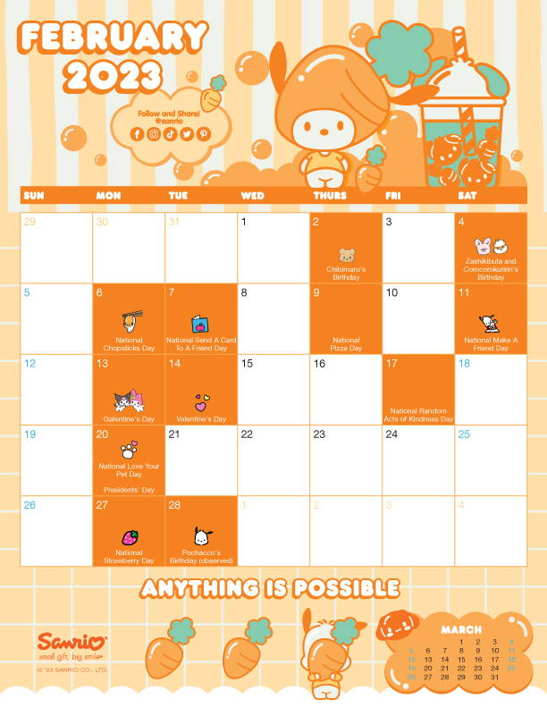Sanrio Friend of the Month February 2023  Calendar featuring Pochacco. 