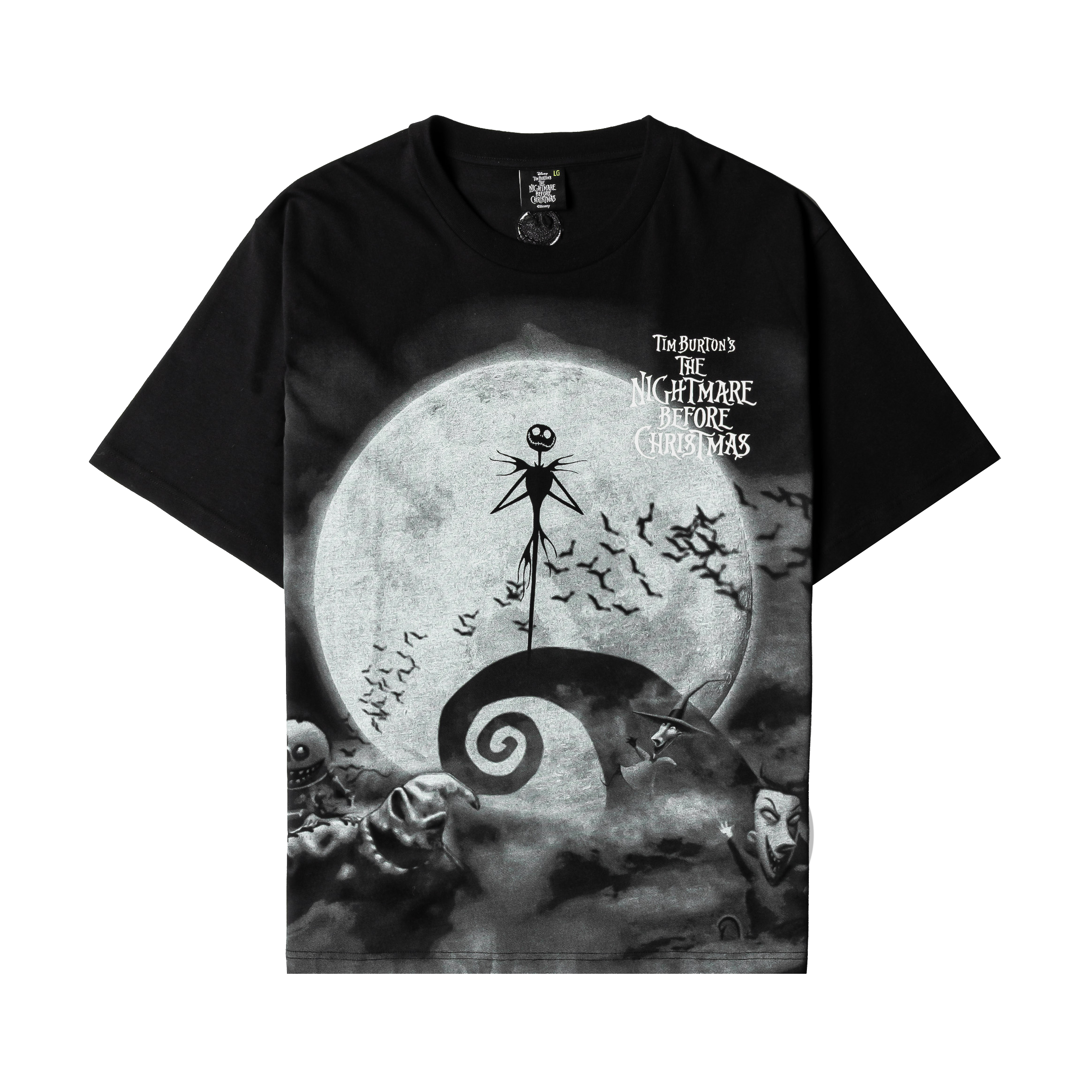 Black t-shirt featuring Jack Skellington against a full moon backdrop.
