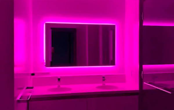 bathroom backlit mirror using  color LED strip lights