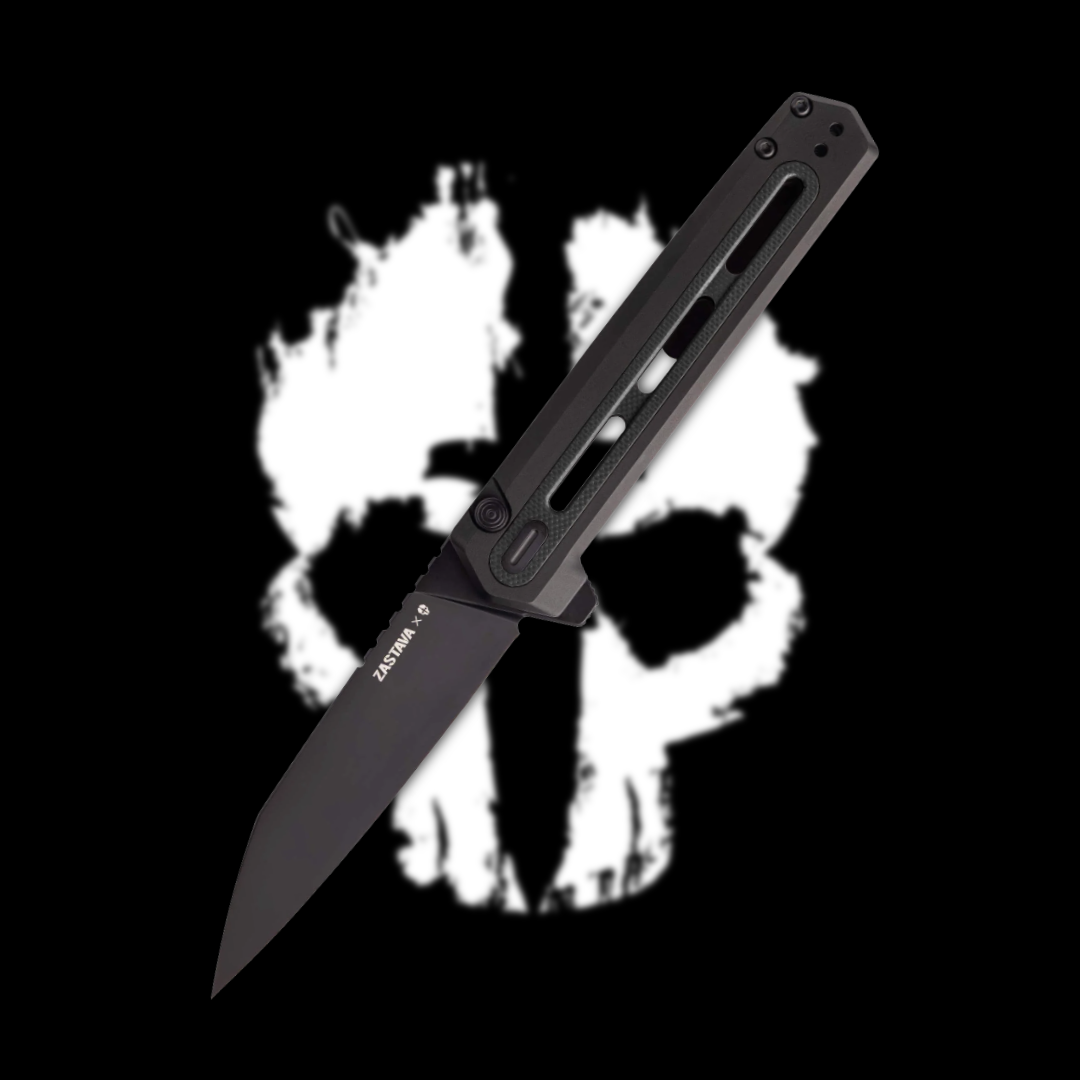 Black knife in front of a white skull logo on a black background.