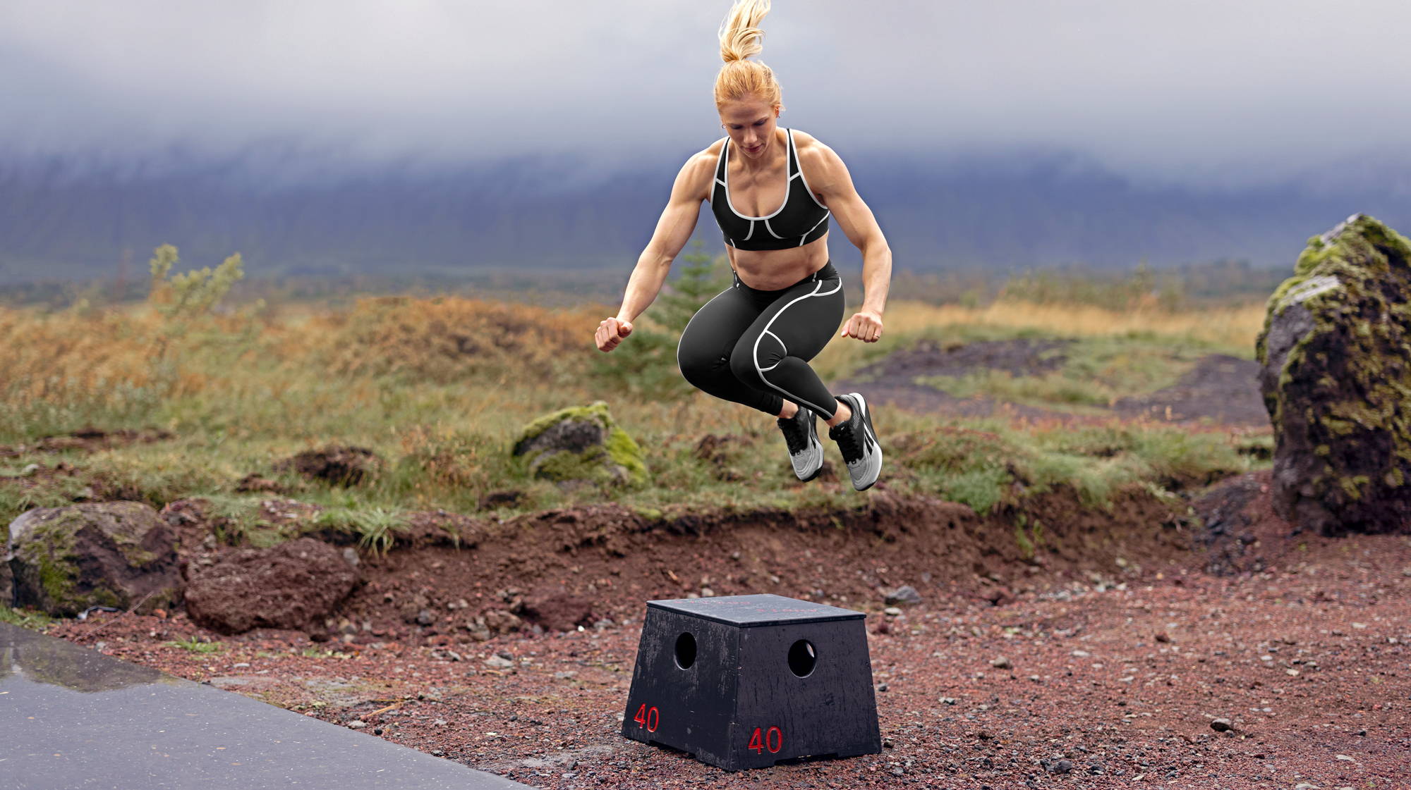 annie thorisdottir jumping over a box jump in the new reebok nano x2 training shoe