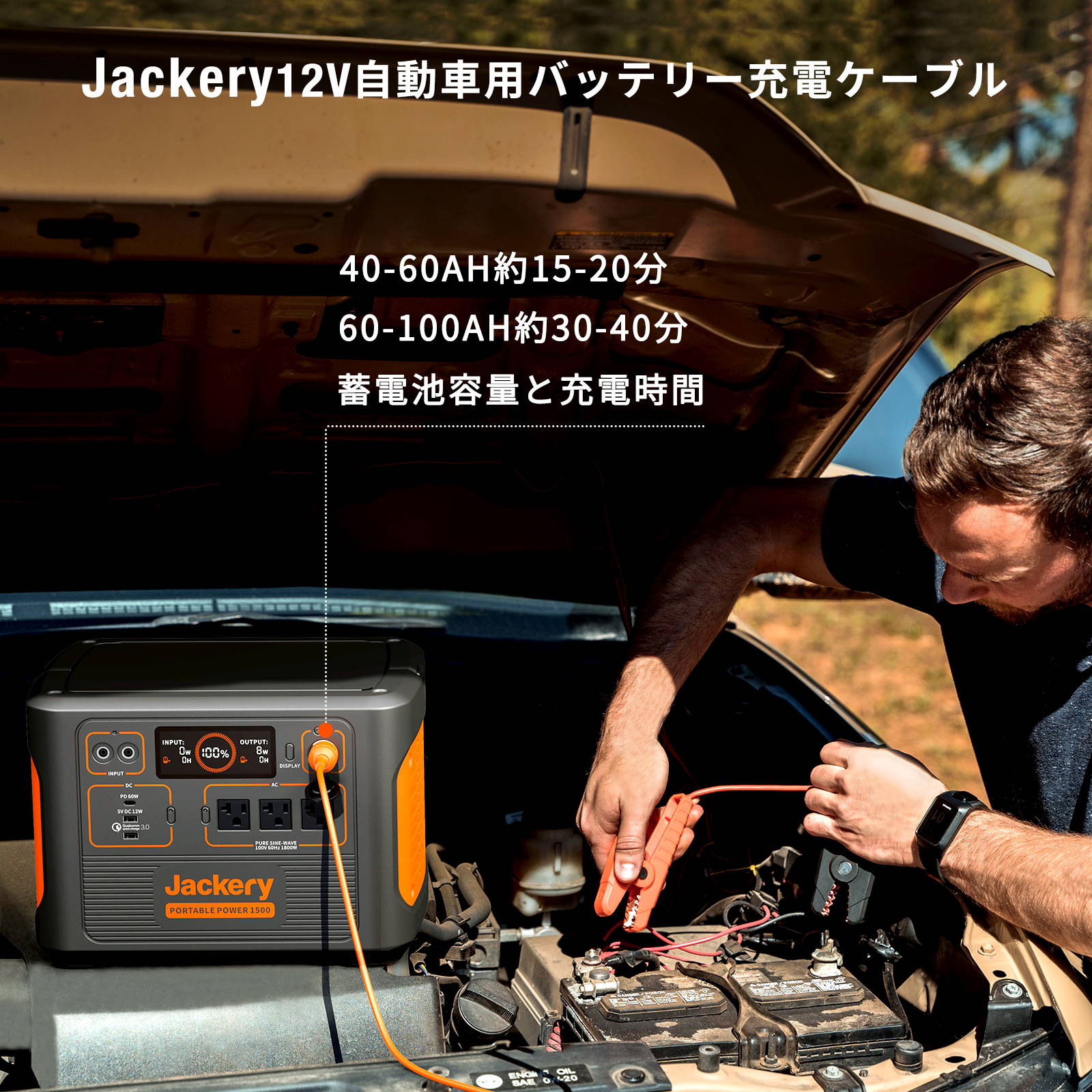 Jackery 12V 自動車用バッテリー充電ケーブルで接続可能なポータブル電源