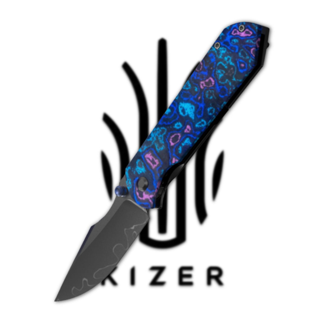 Colorful folding knife with a floral-patterned handle and logo in background.