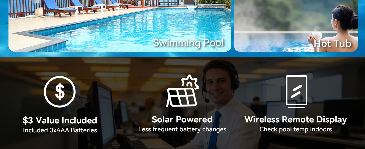 Promotional image featuring a pool, solar power, and remote display services.