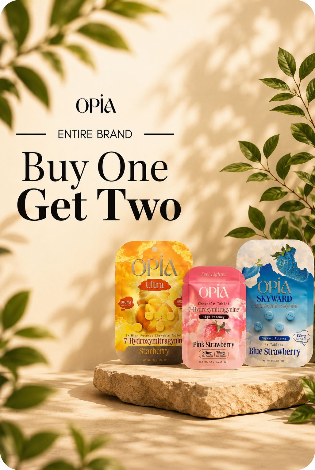 OPIA brand promotion: Buy One Get Two with product jars on display.