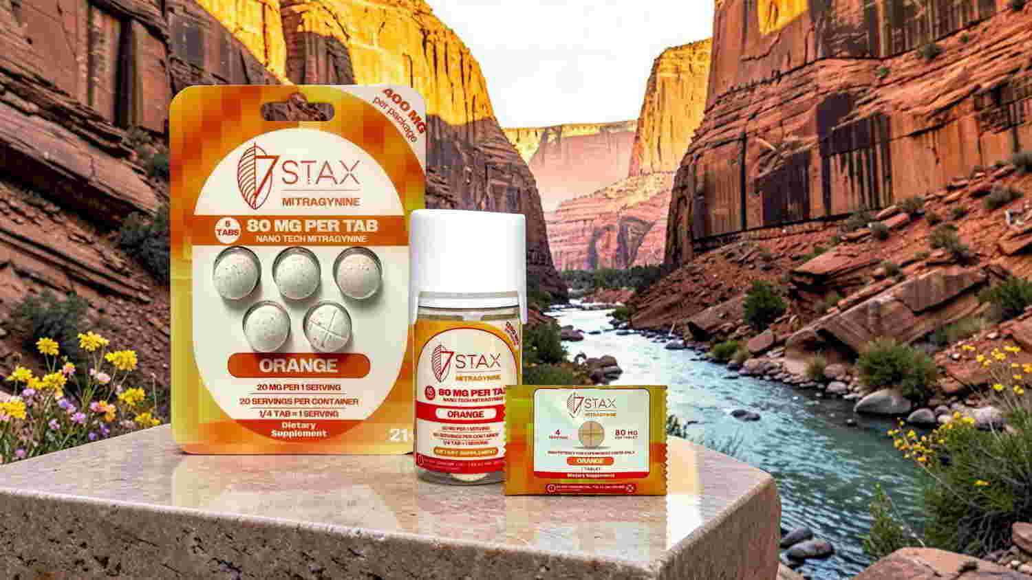 Products displayed on a stone surface with a scenic canyon background.