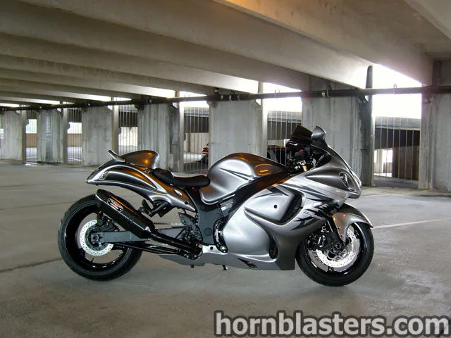 Side profile Del's 2009 Suzuki Hayabusa sportbike bodywork seat tail section wheels and swingarm compact electric horn gallery photo 2