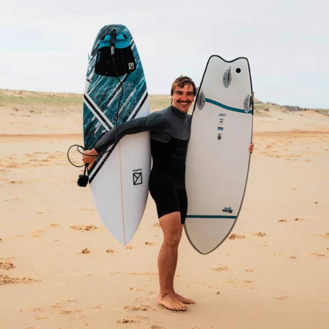 KANOA Surfboards Team Rider Gabin Verdet showing our Eggplant Performance Hardboard and Foamie Fish Performance Softtop