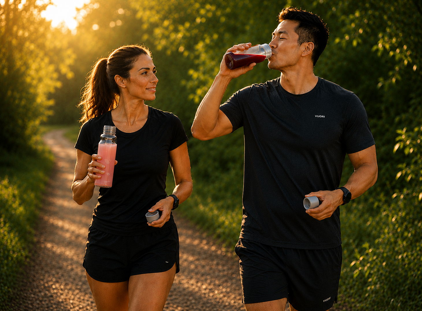 Man and woman walking, drinking Blueshift