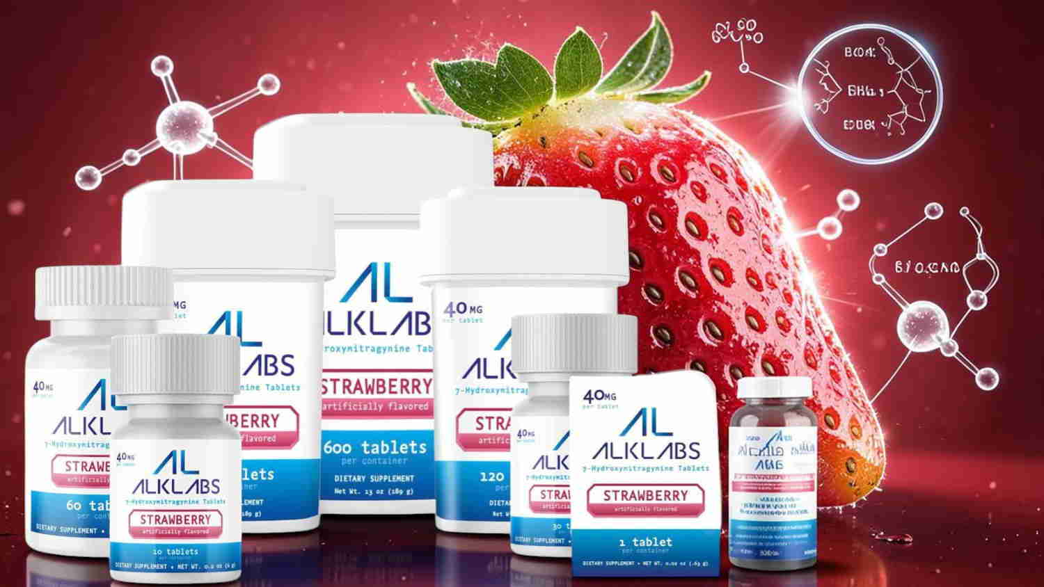 Dietary supplements displayed with a strawberry and molecular graphics background.