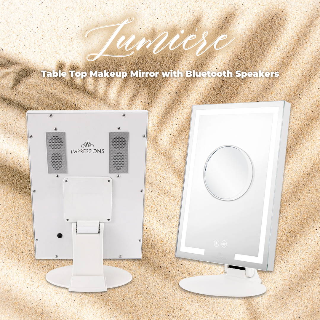 Lumiere mirror front and back view. Lumiere table top makeup mirror with bluetooth speakers