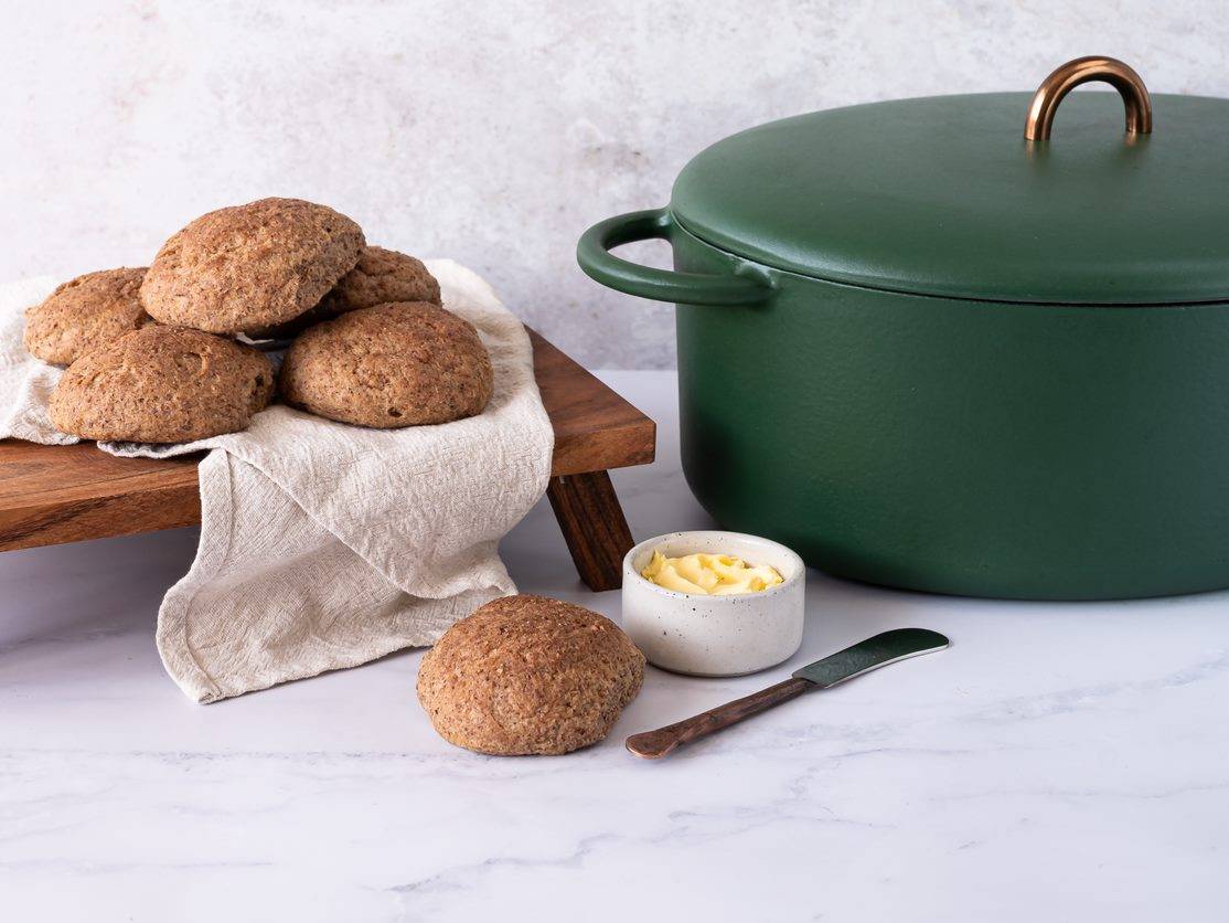 Gluten and grain free bread rolls cooked in a cast iron pot