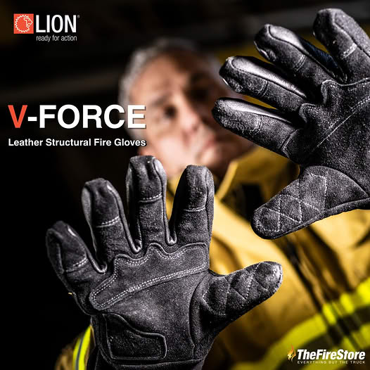 Firefighter showcasing V-Force leather structural fire gloves.