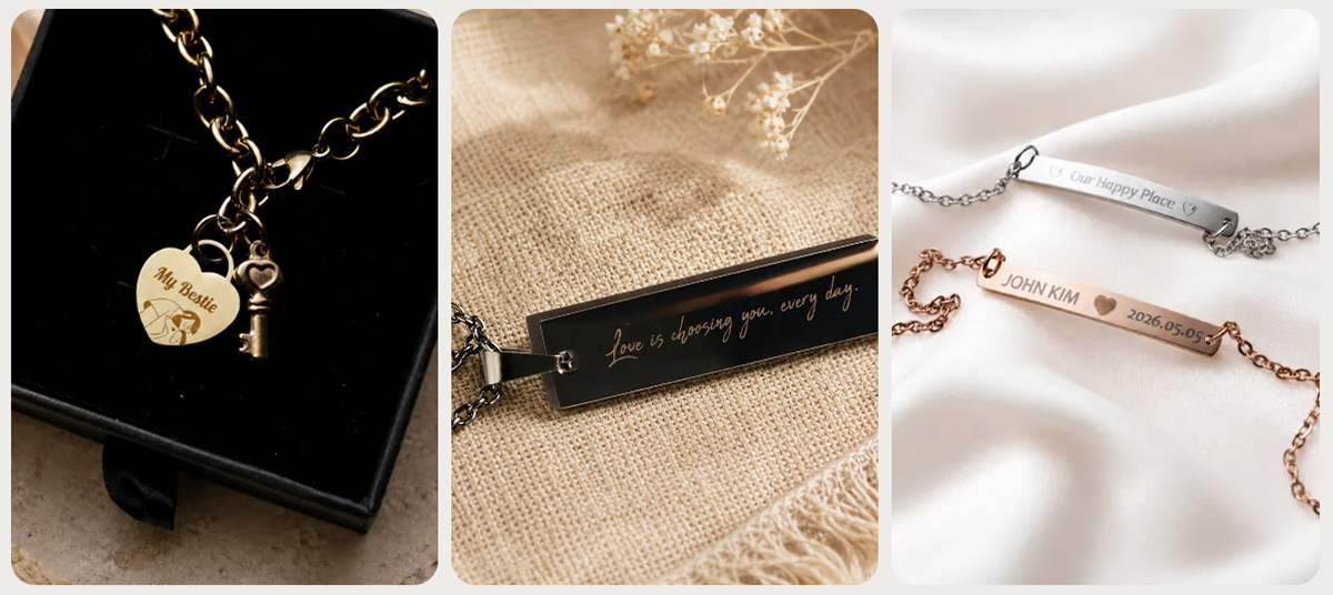 Three bracelets on fabric backgrounds, featuring different designs and materials.