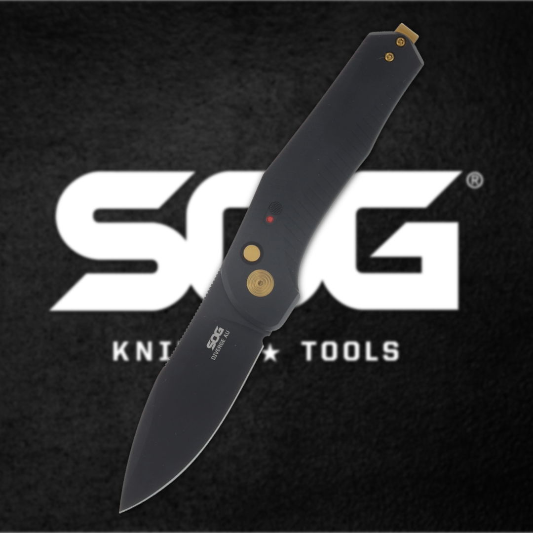 Black folding knife with a logo in the background.